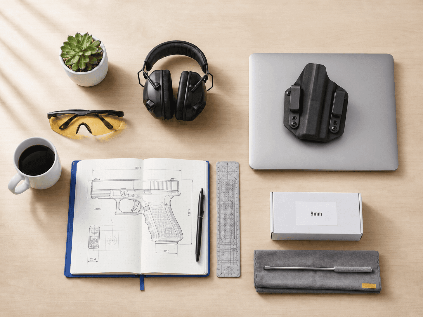 Mesa de trabalho de um atirador esportivo com caderno de tiro, protetores auriculares e notebook