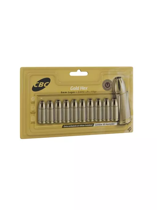 MUNIÇÃO CBC 9MM EXPO +P+ GOLD HEX 115GR