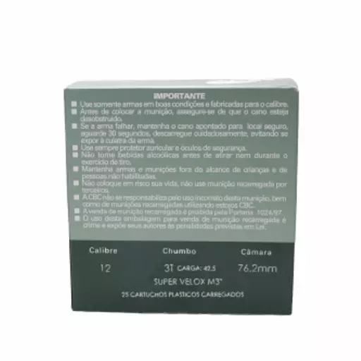 MUNIÇÃO CBC 12GA SUPER VELOX M3 CH-3T